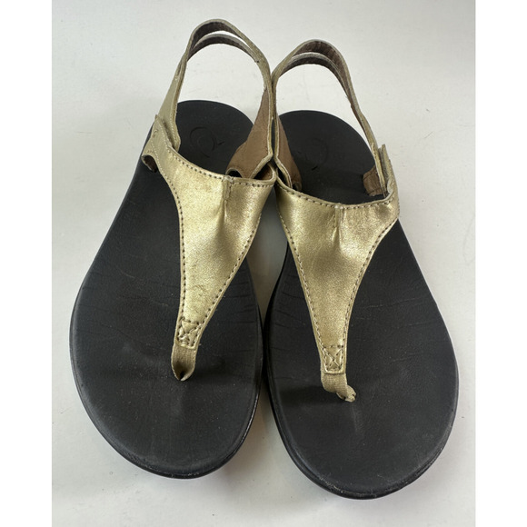 OluKai Comfort Eheu Slingback Thong Sandals Gold Metallic V-Strap Girls Size 3 - Picture 2 of 12